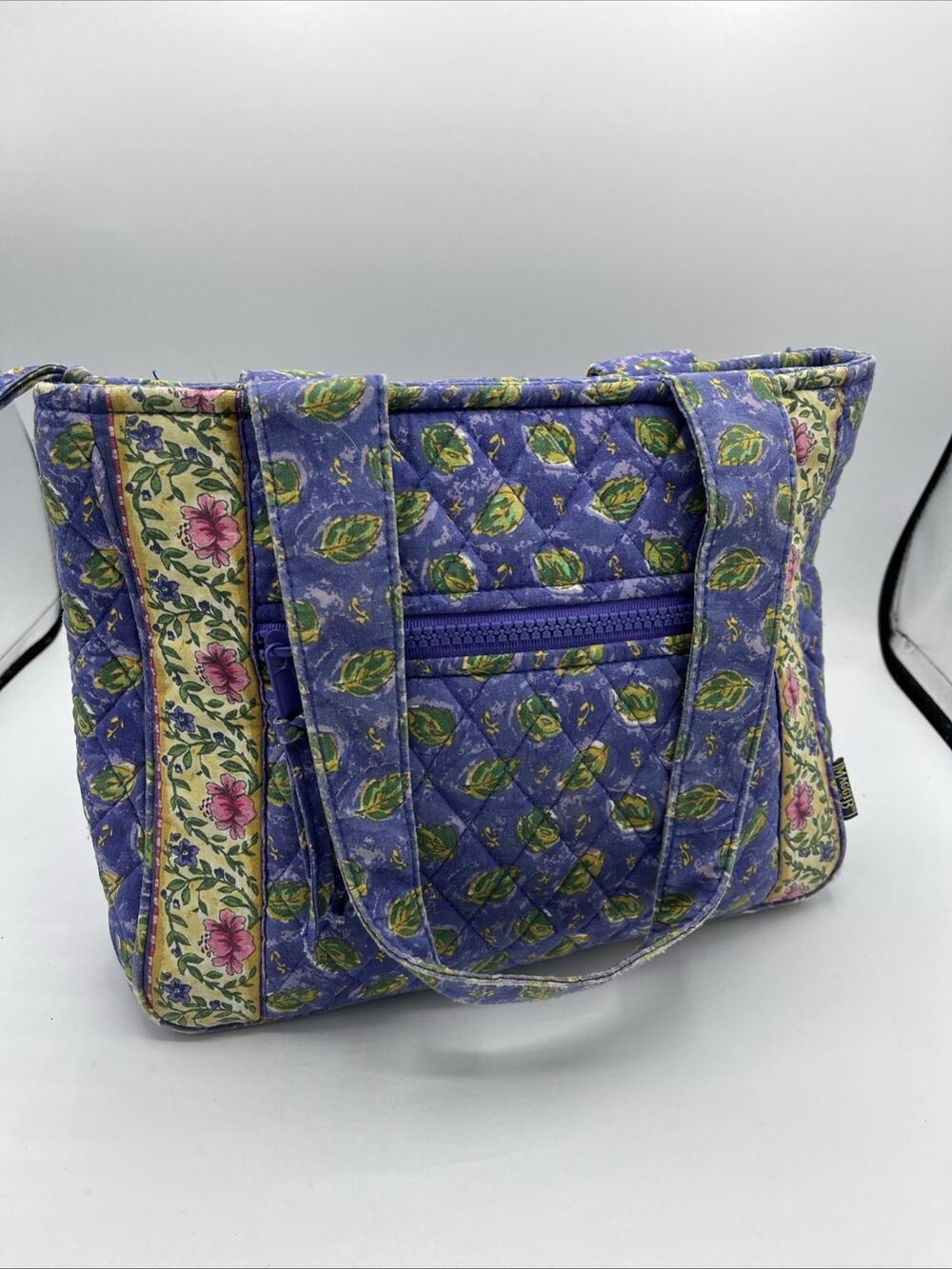 Vintage Maggi B Quilted Purple Floral Tote Purse Double Handle Cotton Bag